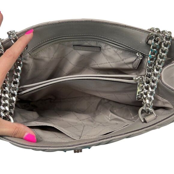Michael Kors Quilted Leather Peyton Shoulder Bag Tote With Chain Strap Gray - Picture 5 of 14